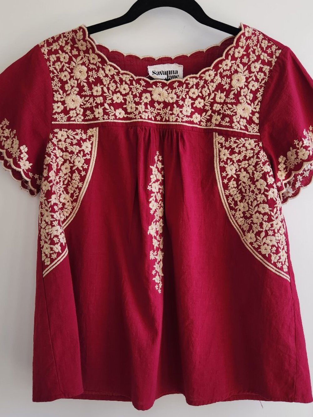 Savanna Jane Red Embroidered Boho Top Small Floral Peasant Blouse